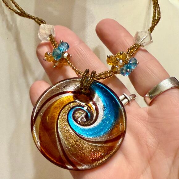 Murano Style Round Glass Pendant w/ Crystal Beaded Cord - Picture 5 of 5